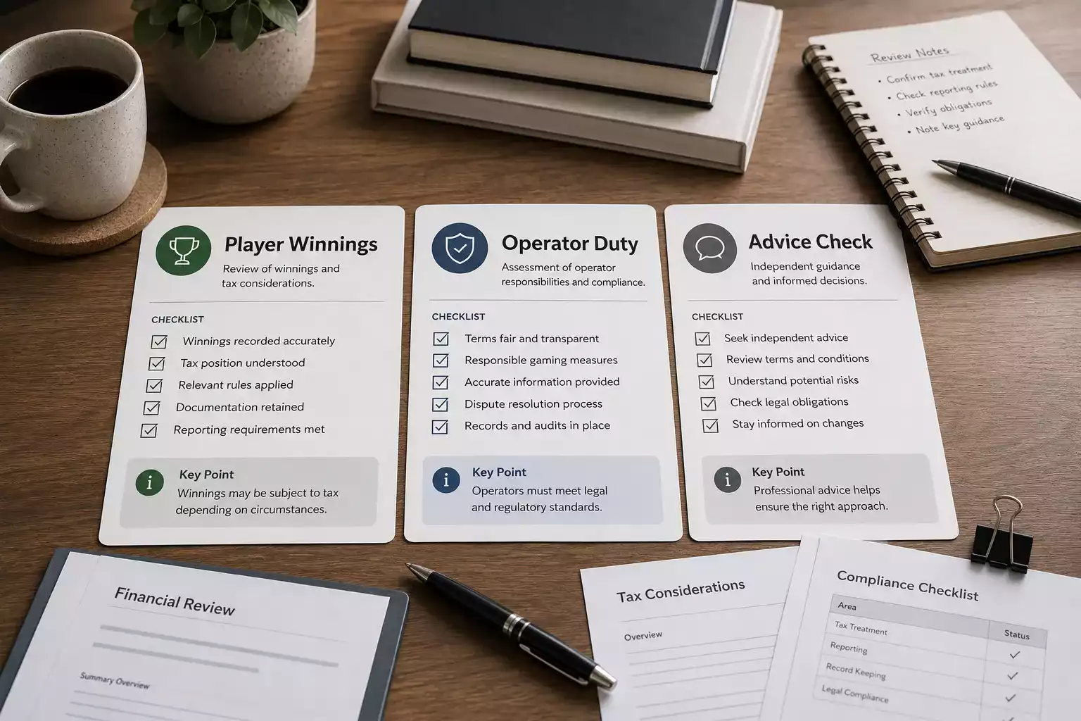 A neutral tax checklist separating player winnings operator duty and advice caveats