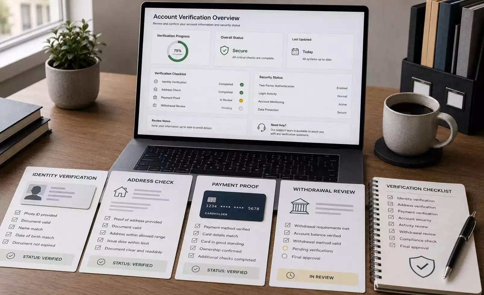 A neutral KYC readiness checklist with identity address payment proof and withdrawal checkpoints