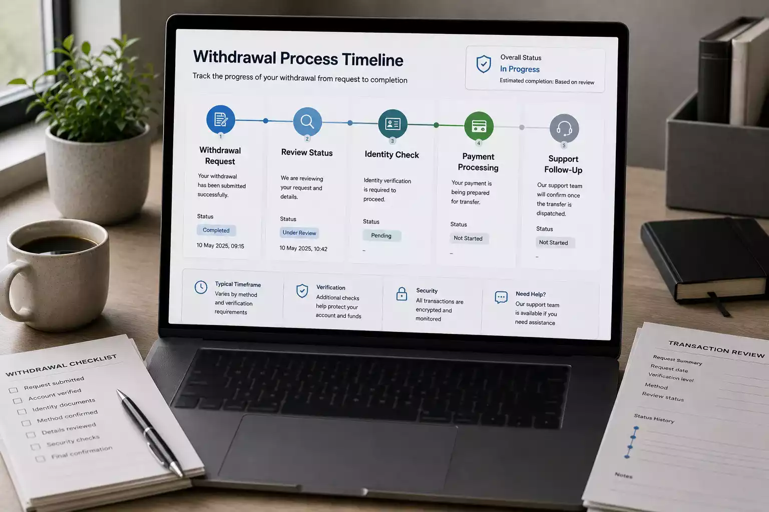 A neutral withdrawal timeline showing request review KYC method processing and support checkpoints