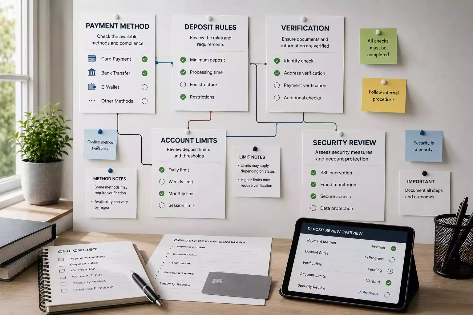 A neutral PlayGrand deposit checklist showing method, minimum, card rule and account limit checks