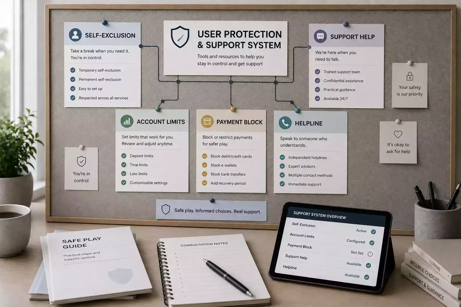 A calm self-exclusion support checklist with account limits payment blocks and help routes