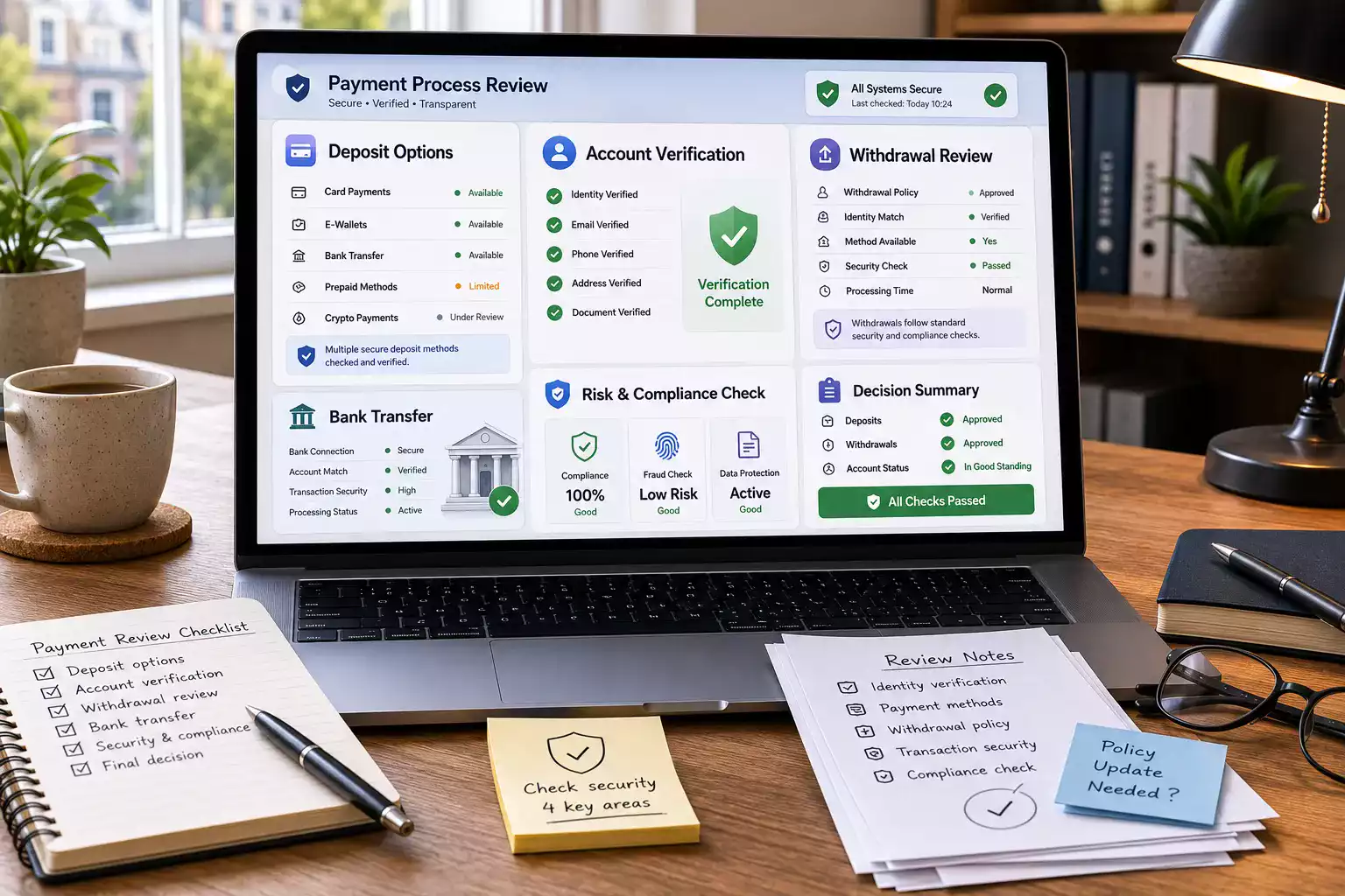 A neutral PlayGrand payment flow showing deposits, verification, withdrawal review and bank transfer fallback