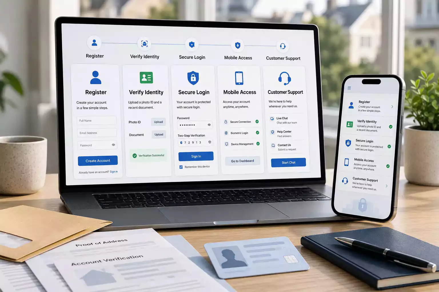 A neutral account journey checklist with registration login verification mobile and support checkpoints