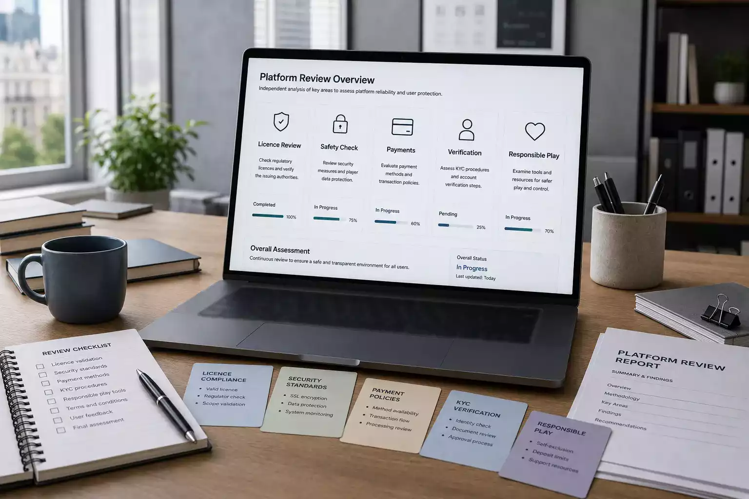 Neutral desk setup for reviewing PlayGrand casino information in the UK